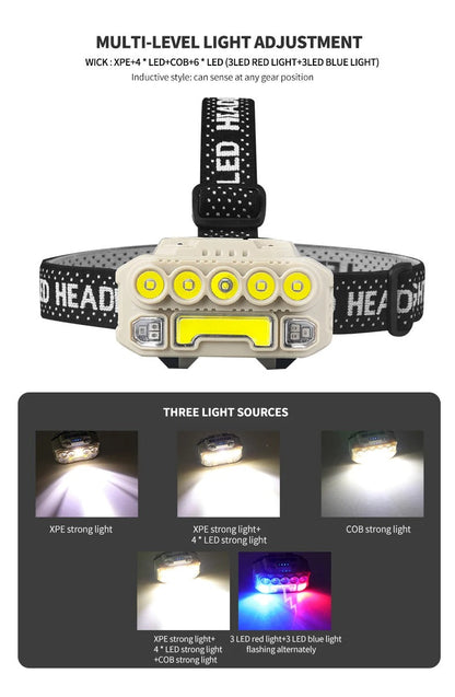 LED COB + 5 LED   مصباح الرأس  مضاد الصدمات و مزود بمستشعر للحركة