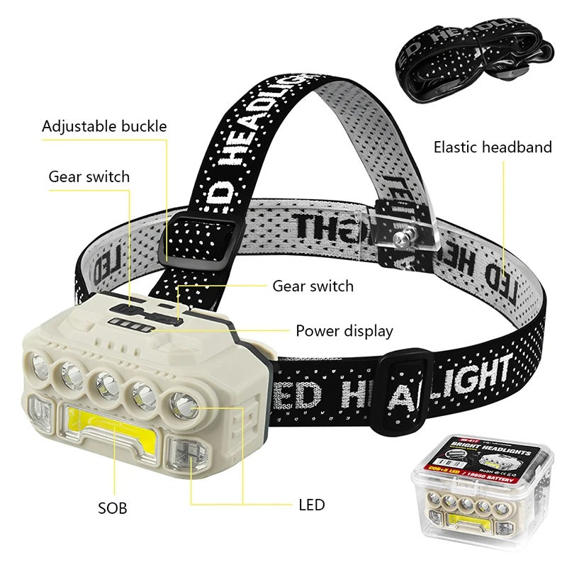 LED COB + 5 LED   مصباح الرأس  مضاد الصدمات و مزود بمستشعر للحركة