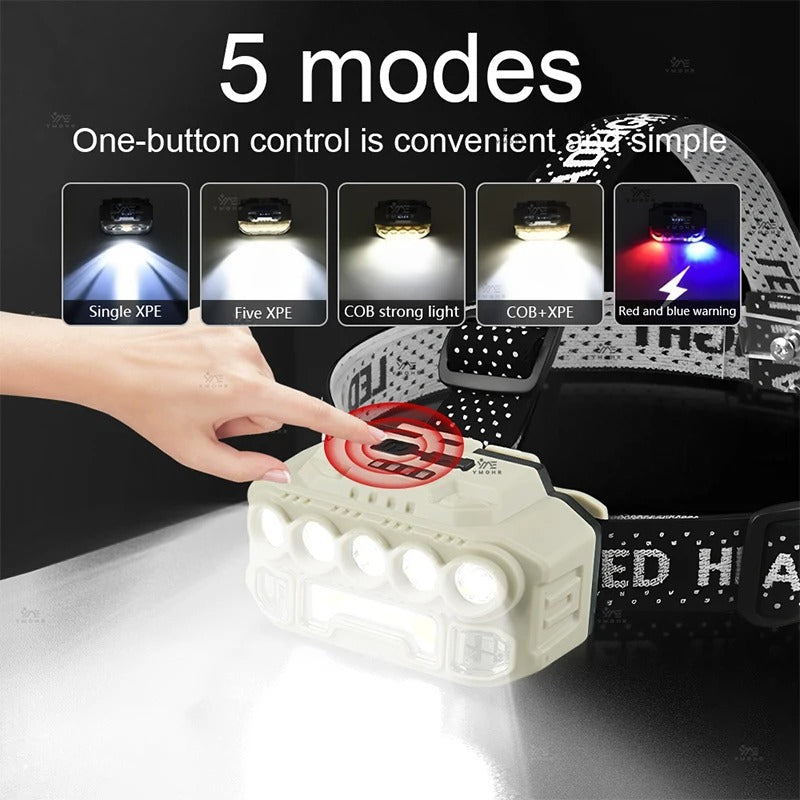 LED COB + 5 LED   مصباح الرأس  مضاد الصدمات و مزود بمستشعر للحركة